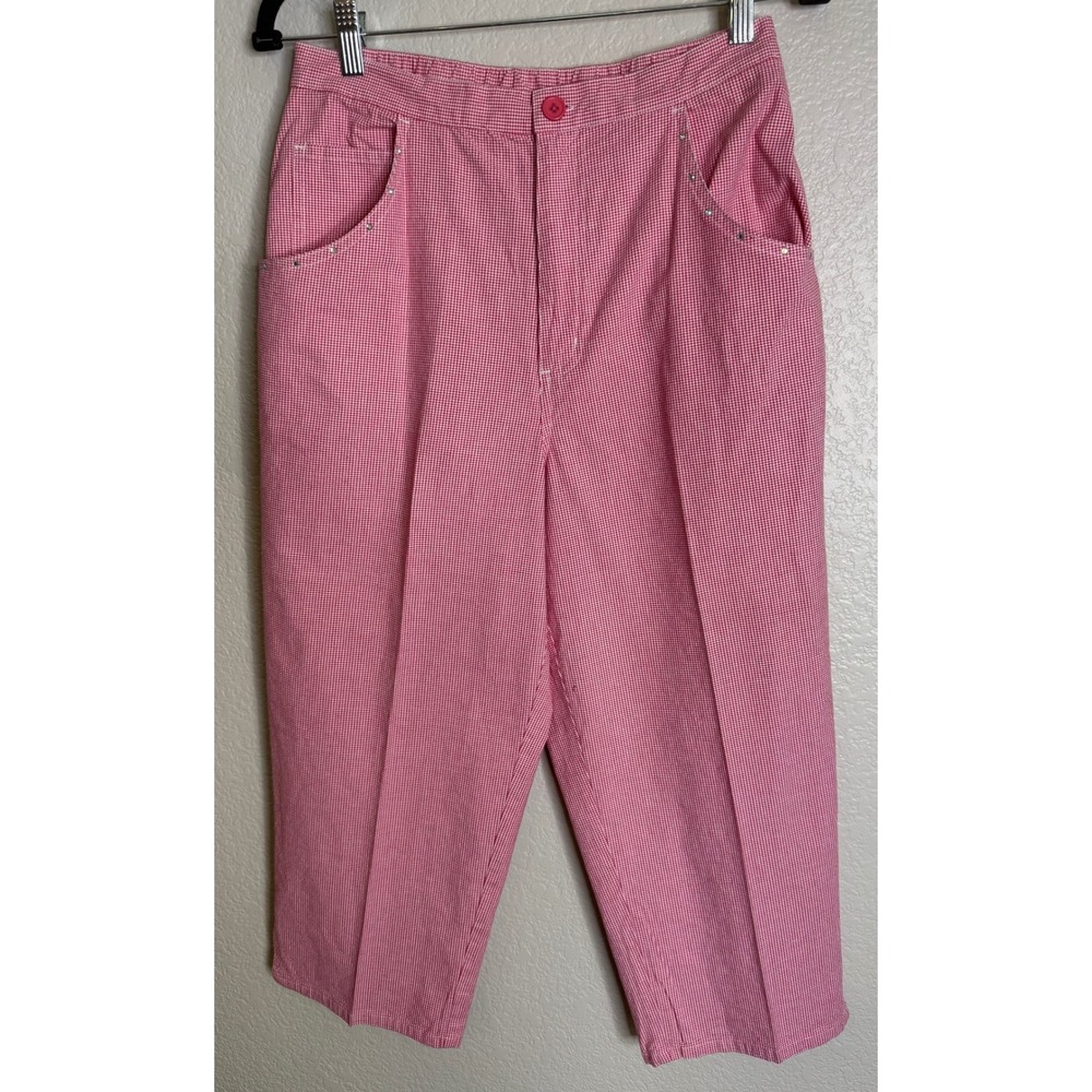 Quacker‎ Factory Womens Medium Capri Pants Red Gingham Rhinestone Retro Chic